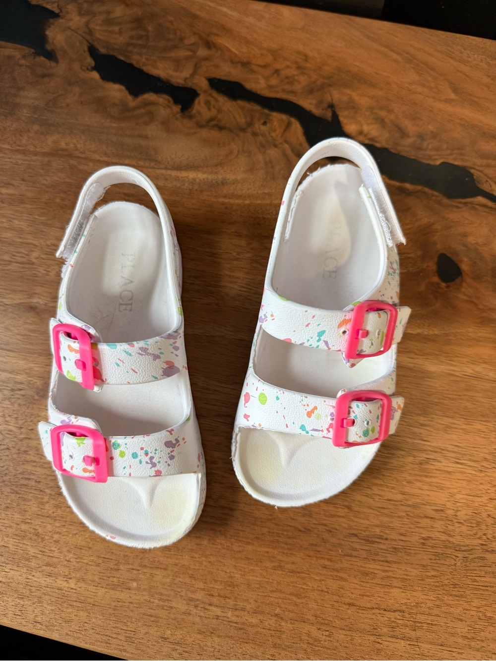 The Children's Place White Sandals with Pink Buckles and Paint-Splatter